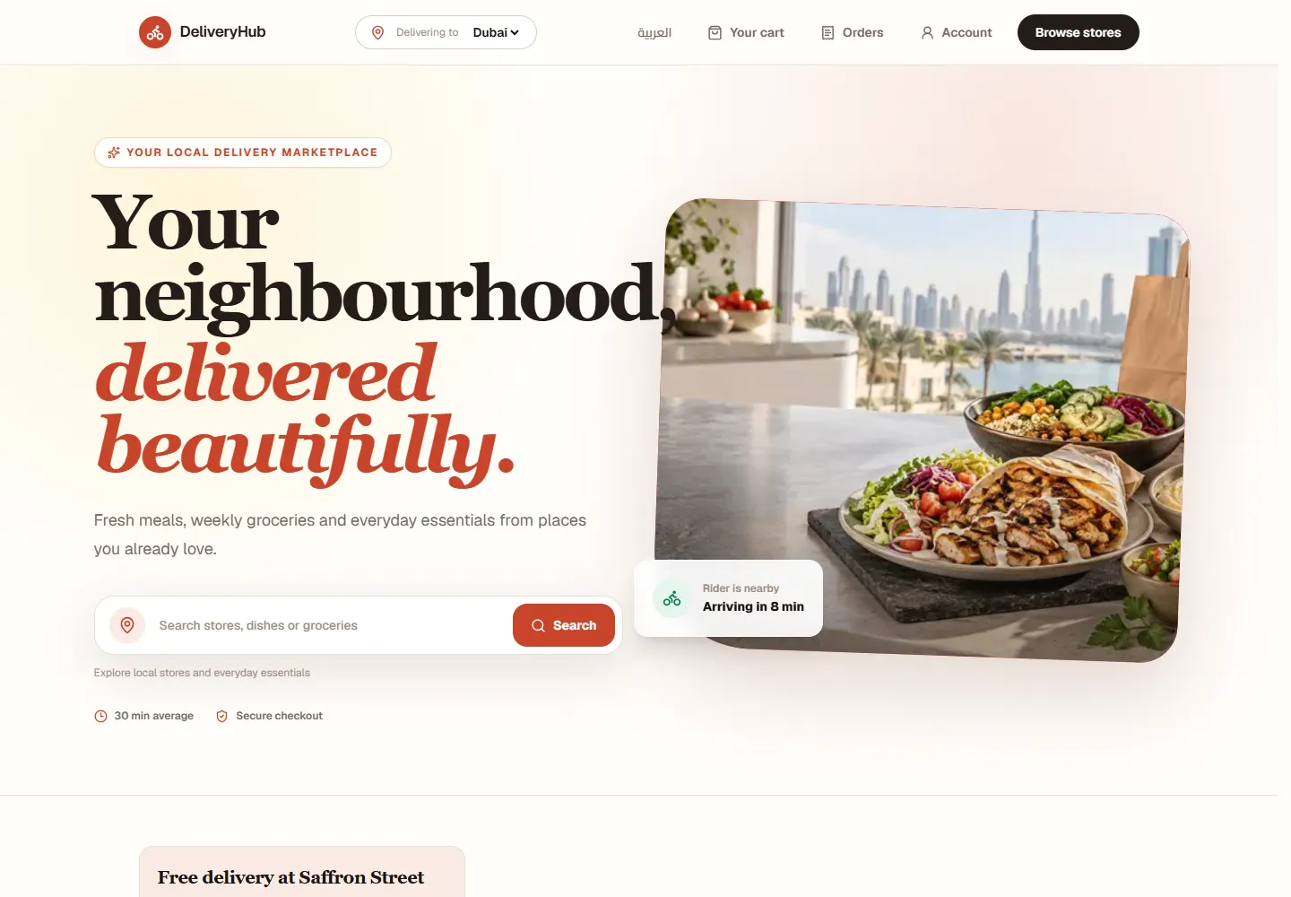 Geeb project demo storefront under DeliveryHub branding, with store search, categories and delivery artwork