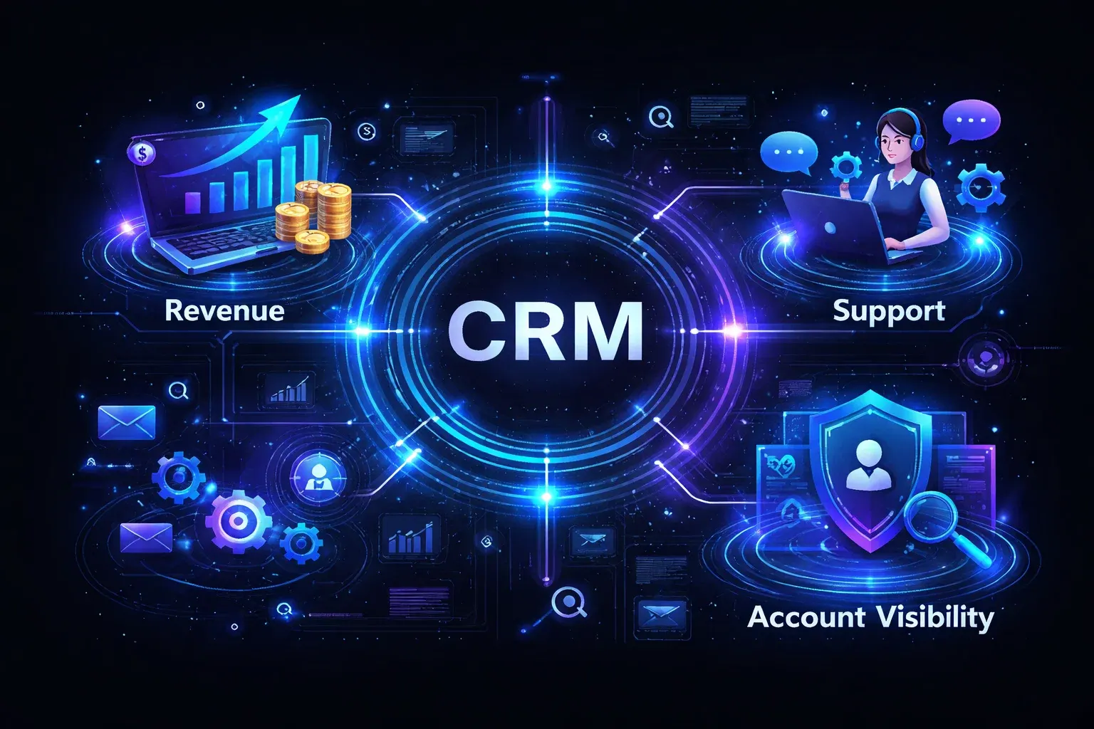 أنظمة CRM للإيرادات والدعم ورؤية الحسابات